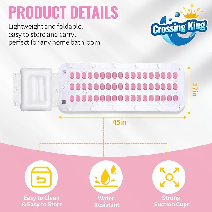 Crossing King Bubble Bath Mat Tub Spa Massager, Portable Spa Bubble Bath Massager with Upgraded Powerful Suction Cup, Electric Air Pump, Pillow and Remote Control for Relaxation 45 * 17in (Pink)