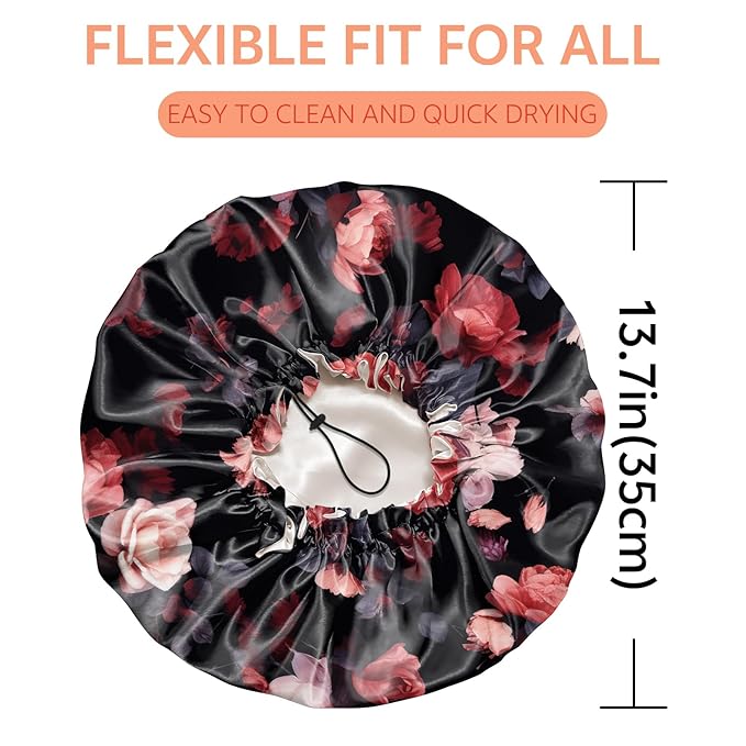 Shower Cap Reusable Double Layer Adjustable Elastic Waterproof EVA Hair Bath Caps for Women Girls Cute Aesthetic-Rose