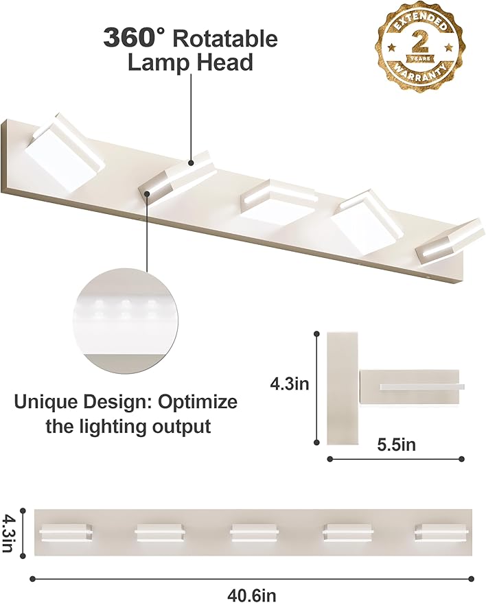 VOLISUN Modern Bathroom Vanity Light Fixtures (5-Light, 40-Inch), Brushed Nickel LED Bathroom Light Fixtures Over Mirror, 360°Rotatable Head, LED Vanity Lights for Bathroom (Cool White 6000K)