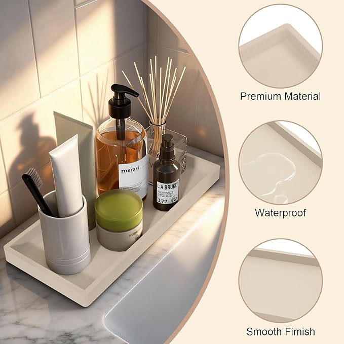 Bathroom Vanity Tray, 7.8 x 3.9 Inch Silicone Bathroom Tray Countertop, Non-Slip Decorative Tray for Bathroom, Kitchen, Toilet to Organize Perfume, Jewelry, Soap, Waterproof, Beige