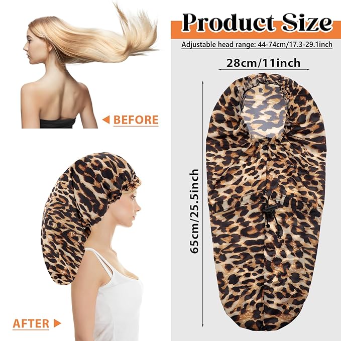 2 Pcs Large Shower Cap for Braids, Extra Long Shower Cap for Women Long Hair & Locs, Waterproof Hair Bonnets for Dreadlocks Drawstring Bath Caps for Women & Men (Black, Leopard)