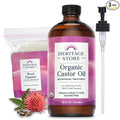 HERITAGE STORE Organic Castor Oil Pack Wrap Kit - Soothing Castor Oil Packs, Heat Compress for Abdomen, Joints, Overall Health - 16oz Cold Pressed Organic Castor Oil w/Pump, 12 x 27 in. Wool Flannel