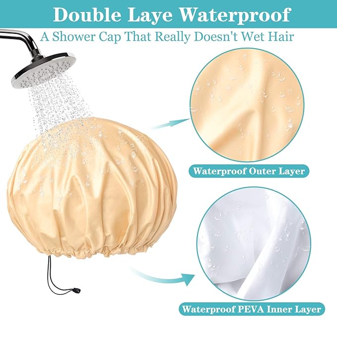 3 Pack Extra Large Double Layer Adjustable Shower Caps for Women, Waterproof Exterior & EVA Lining, Oversized Design for All Hair Lengths