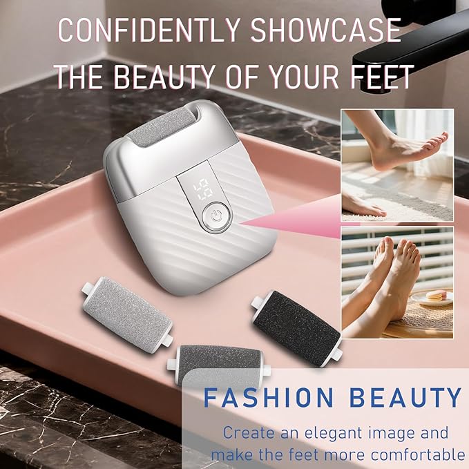 Electric Foot File with 2 Speeds & LED Display, Rechargeable Callus Remover with 3 Grit Heads (Coarse/Medium/Fine), Pedicure Tools for Feet Hard Skin Smooth Polishing (White)