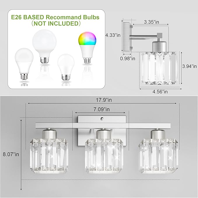 comzler 3-Light Bathroom Light Fixtures Over Mirror, Brushed Nickel Crystal Wall Sconce with E26 Base for Mirror Kitchen Living Room Bathroom, Square Crystal Shades (Bulbs Excluded)