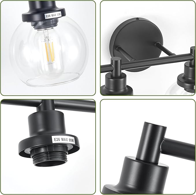 6-Light Bathroom Light Fixture Black Vanity Lights Over Mirror Modern Wall Sconce Farmhouse Vintage Bathroom Vanity Lighting with Glass Shade for Bedroom Hallway Cabinet Bathroom