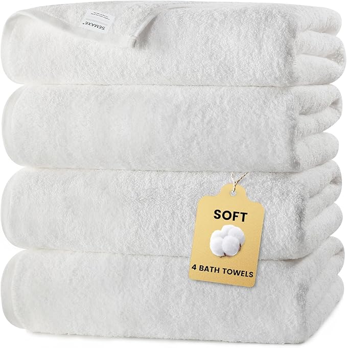 SEMAXE 4 Piece White Bath Towel Set for Bathroom, 100% Cotton Bath Towels with Hanging Loop, 55 x 27 Inch, Soft Absorbent & Quick Dry, for Home