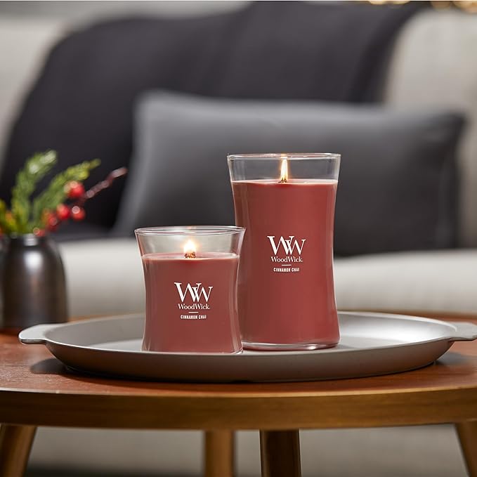 WoodWick Cinnamon Chai Holiday Candle Gifts for Women and Men,9.7 oz Medium Hourglass Candle with Crackling Wick,(Pack of 4)