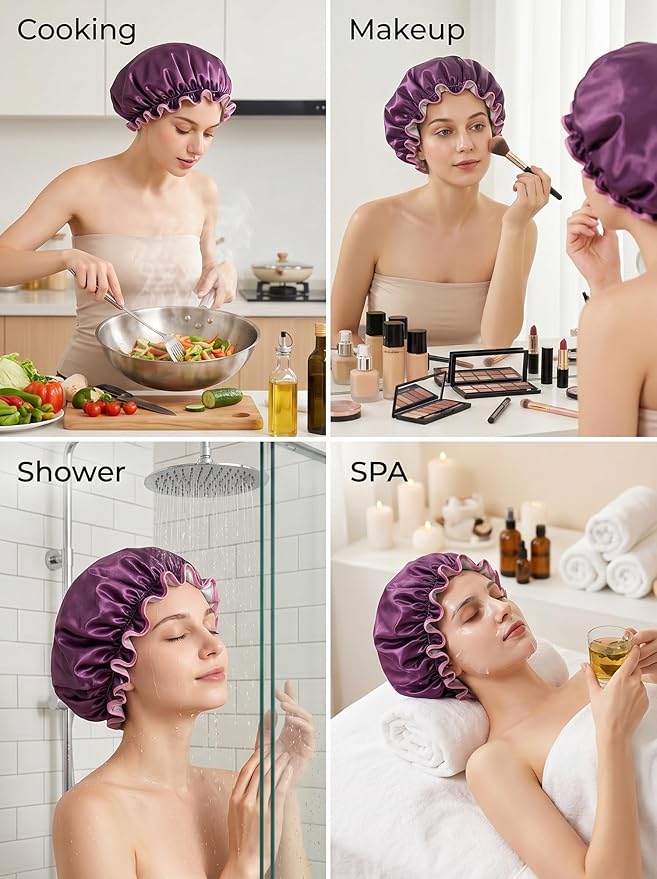 Aquior Shower Caps, Reusable Shower Cap for Women, Double Layer Waterproof Hair Cap, Large Size for All Hair Lengths,for Girls Spa Home Salon Use (purple)