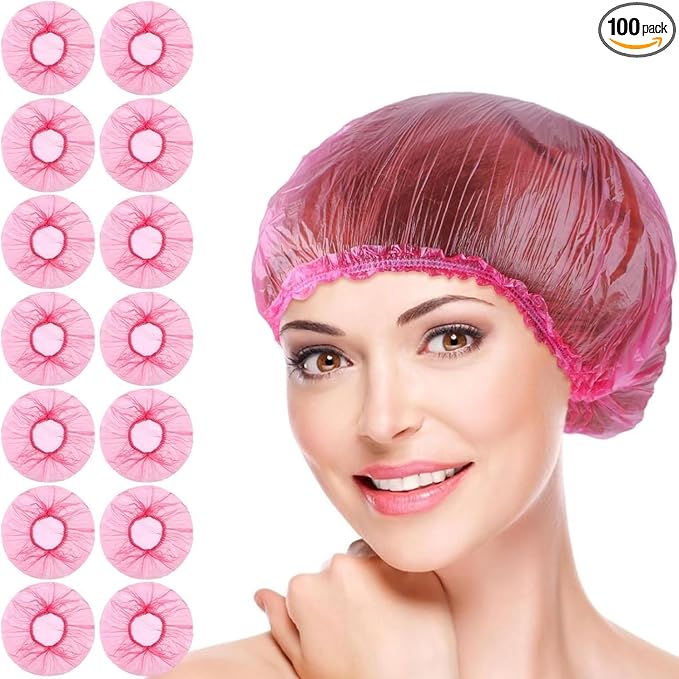 100Pcs Pink Disposable Shower Caps for Women Plastic Shower Caps Shower Hat Large Shower Cap Elastic Hair Cap for Home Use Hotel Spa and Hair Salon,Bathing Accessories,Personal Care