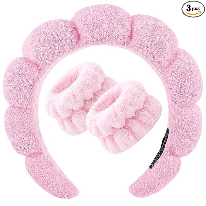 Zkptops Spa Headband for Washing Face Wristband Set Sponge Makeup Skincare Headband Terry Cloth Bubble Soft Get Ready Hairband Women Girl Puffy Padded Headwear Non Slip Thick Hair Accessory(Pink-2)