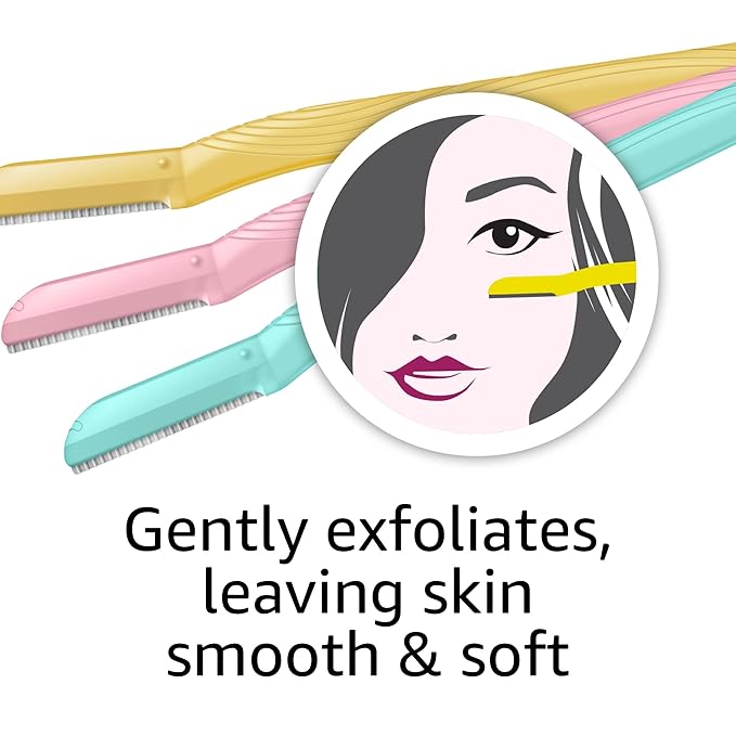 Amazon Basics Dermaplane Razor, Peach Fuzz Remover, Face Shaver for Women, Eyebrow Trimmer and Shaper, Facial Hair Removal, Exfoliating Tool with Blade Cover, Multicolor, 9 Count