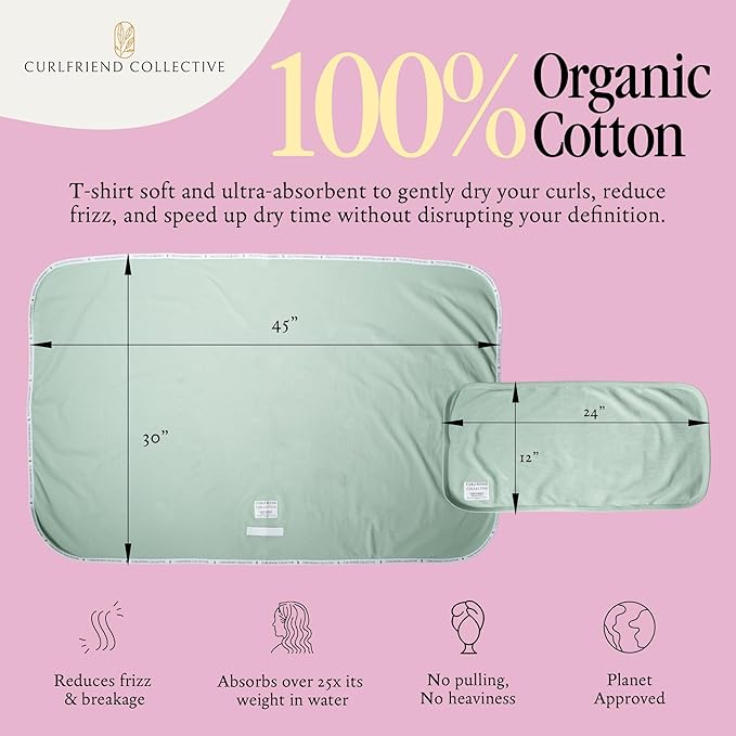 Curlfriend Collective Cotton Cloud T-Shirt Hair Towel Duo – Sage The Day Hair Towel Wrap for Women, XL + Mini Hair Drying Towels for Curly Hair, No-Slip Plopping Towel, Ultra Absorbent Cotton