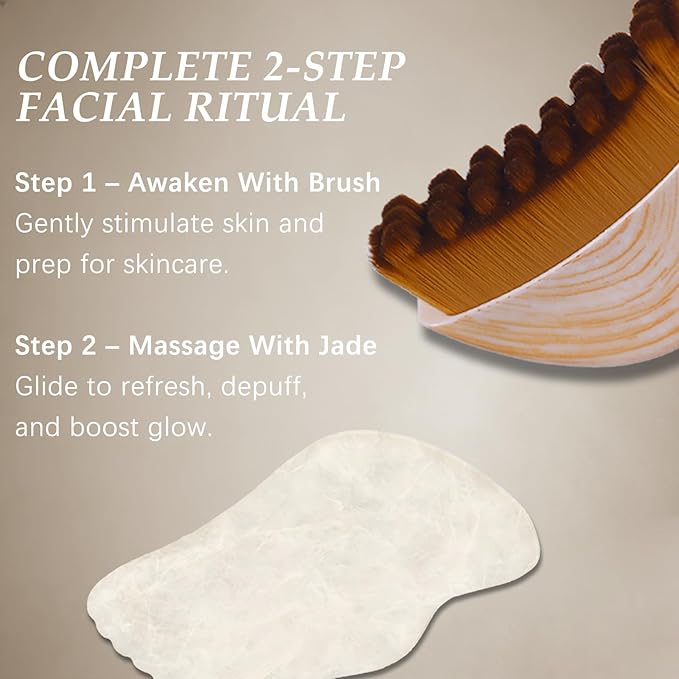 Lymphatic Contour Face Brush & White Jade Gua Sha Stone, Lymphatic Drainage Brush for Face & Neck, Face Brush for Lmphatic Drainage, Sculpting & Depuffing, Gua Sha Facial Tool for Skin Care