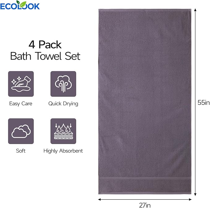 ecolook Bath Towels Set of 4,100% Cotton,27 x 55 Inches,Quick-Drying & Absorbent,Soft,Lightweight Towels for Bathroom,Shower,Spa, Gym & Hotel,Purple
