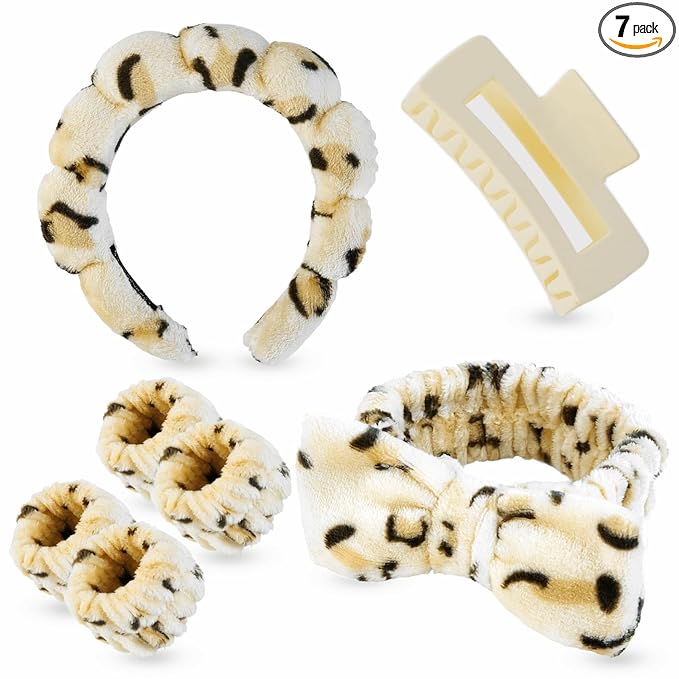 7 Pcs Spa Set, Facial Headband and Wristband Set, Skincare Accessories, College Style Girl Idea Gifts, Hair Accessories for Women and Girls（Leopard）