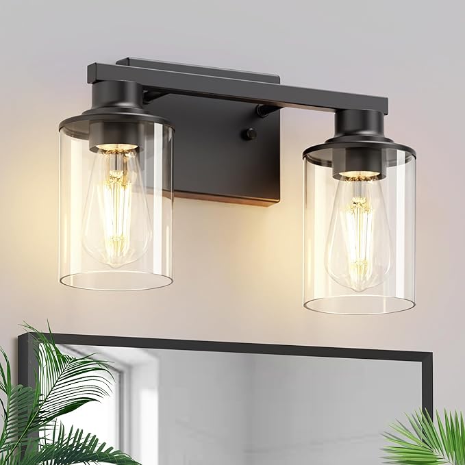 L LOHAS LED 2-Light Bathroom Light Fixtures, Black Vanity Light with Clear Glass Shade, Vanity Lights for Bathroom, Black, ETL Listed