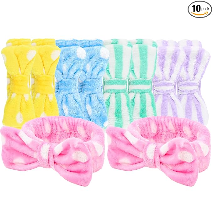 Casoty 10 Pcs Spa Headbands, Makeup Headband for Washing Face, Soft Coral Fleece Headbands for Skincare, Bow Headband for Face Washing Shower Skin Care Yoga