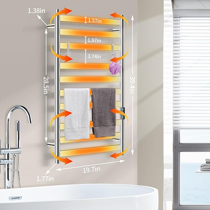 Heated Towel Rack for Bathroom, Towel Warmer with 10 Bar Flat Rack Large, Electric Hot Towel Rack Wall Mounted, LED Buit-in Timer, Plug-in, Stainless Steel, Fast Heating, Nickel