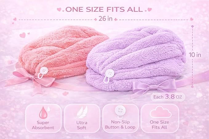 ADOGO Microfiber Hair Towel - 2 Pack Hair Turbans for Wet Hair, Drying Hair Wrap Towels for Women and Kids - Suitable for All Hair Types（Pink，Purple）