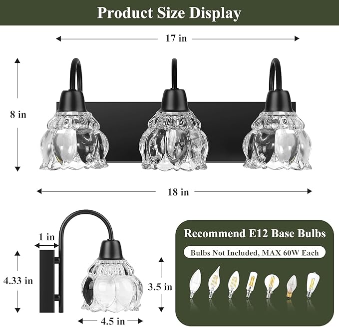 3-Light Bathroom Light Fixtures, Black Modern Bathroom Vanity Lights with Flower Glass Shade, Bathroom Wall Lamp for Mirror Bedroom Kitchen Living Room Hallway Cabinet Porch, E12 Bulbs Needed