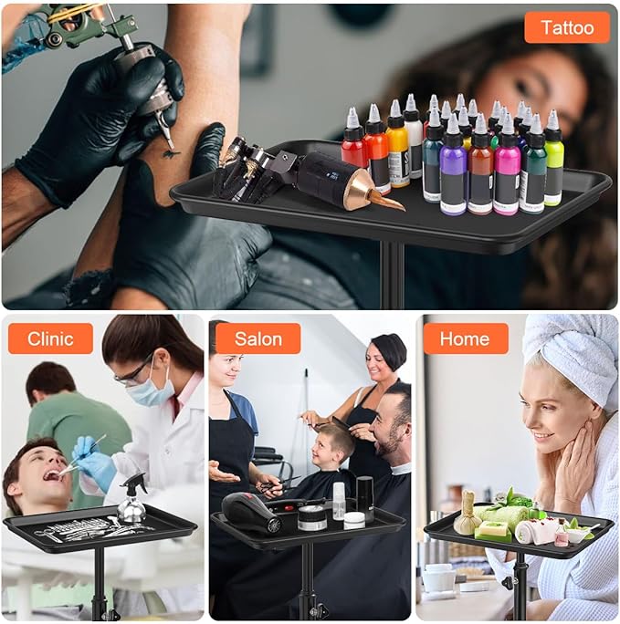 Salon Tray Cart Tattoo Tray Rolling Cart, Service Rolling Tray, Height Adjustable Styling Tray, Storage Tray Trolley for Beauty Salon Clinic Spa (Black)