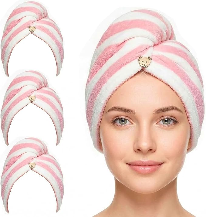 3 Pack Microfiber Hair Towel Wrap for Women, Fast Drying Hair Turban with Button, Anti-Frizz Large Hair Towel for All Hair Styles, Soft & Absorbent Hair Drying Towel