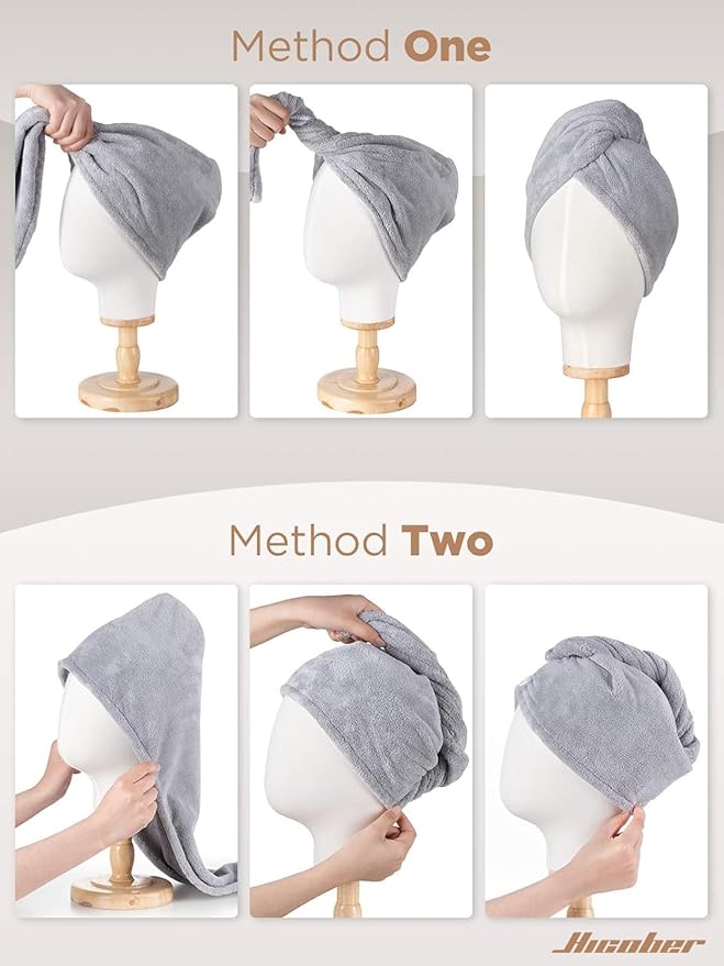Hicober Microfiber Hair Towel, 2Packs Hair Turbans for Wet Hair, Drying Hair Wrap Towels for Curly Hair Women Anti Frizz (Purple,Grey)