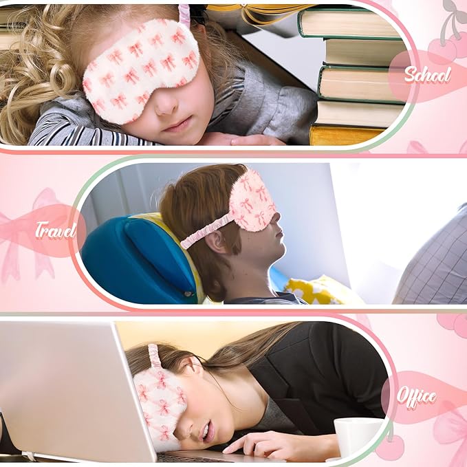 Cuffbow 6 Pack Plush Sleep Mask Set, Cute Plush Eye Masks for Sleeping, Soft Comfortable Travel Nap Blindfold, Sleepover Party Favors for Women(Bow,Pink)