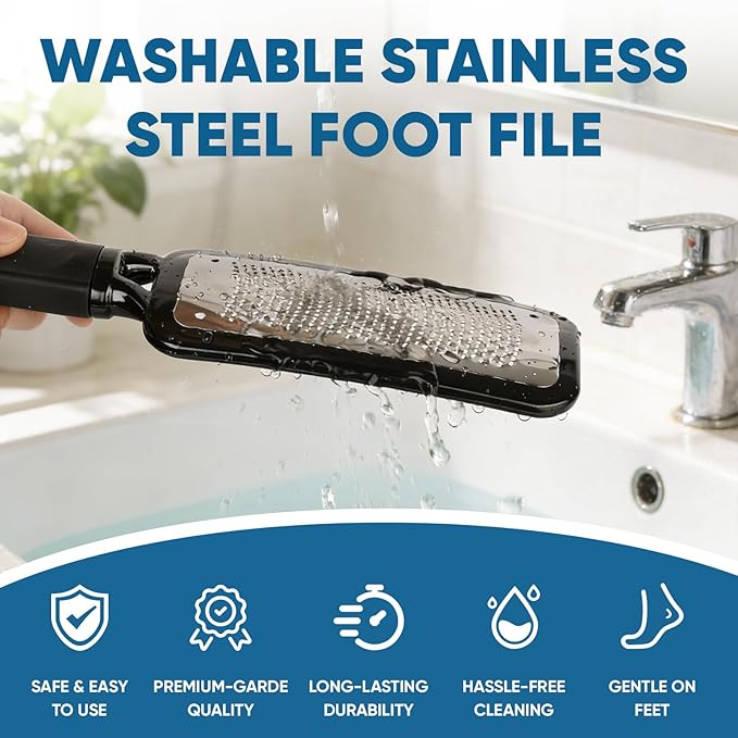 TEAWOO Foot File Callus Remover, Large Stainless Steel Foot Rasp, Heavy Duty Foot Scraper for Dead Skin and Hard Heels, Waterproof Pedicure Tools for at Home Foot Care