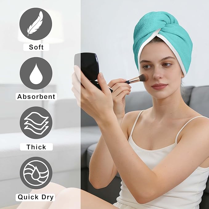 VOOVA & MOVAS Aqua & Blue Microfiber Hair Towel Wrap for Women 2Pcs, Super Absorbent Quick Dry Hair Towels for Wet Hair After Shower, Soft Lightweight Hair Wraps