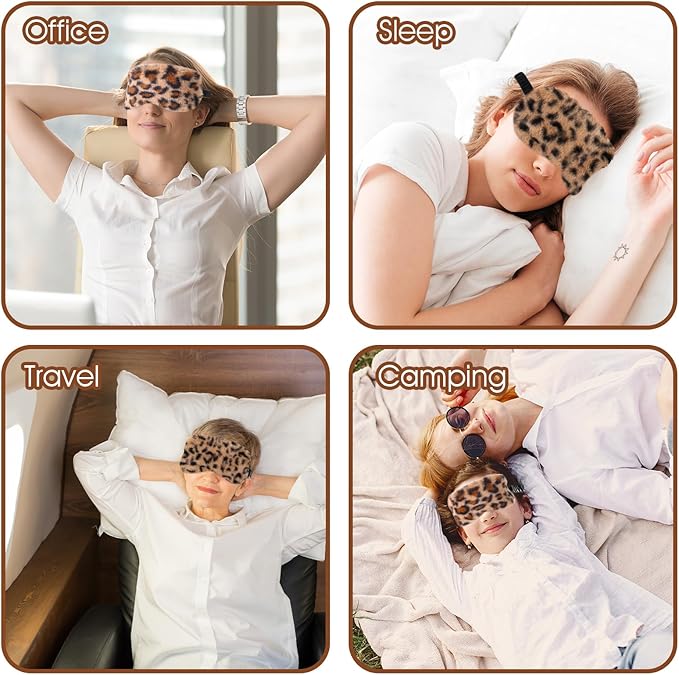 2 Pcs Plush Leopard Eye Mask Soft Sleeping Blindfold Eye Cover Comfortable Furry Faux Fur Sleeping Mask Satin Nap Night Eyeshade Cover for Women Men Gift (Brown, Coffee)