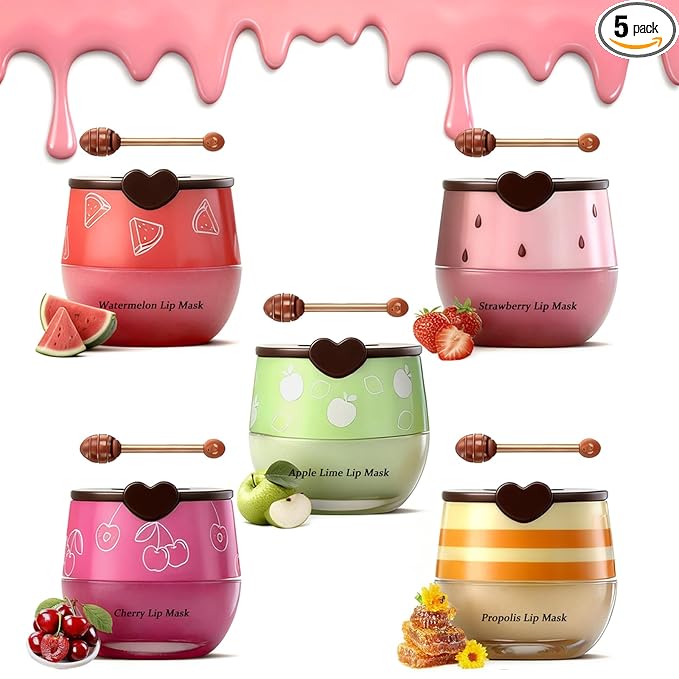5PCS Bee Lip Balm Honey Pot，Honey&Strawberry&Watermelon&Cherry&Apple Lip Mask Overnight Propolis Moisturizing Lip Balm Hydrating Prevention Dry and Crack Lip Scrubs Exfoliator Lip Wrinkle Care