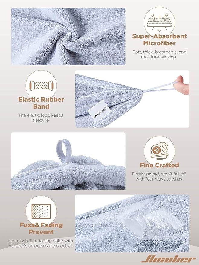 Hicober Microfiber Hair Towel, 3 Packs Hair Turbans for Wet Hair, Drying Hair Wrap Towels for Curly Hair Women Anti Frizz (Grey,Blue,Grey)