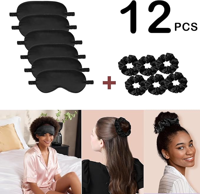 12Pcs Silk Sleep Masks Satin Eye Mask Silky Eyes Cover Blindfold Eyeshade Hair Ties Scrunchy Travel Bridesmaids Gifts