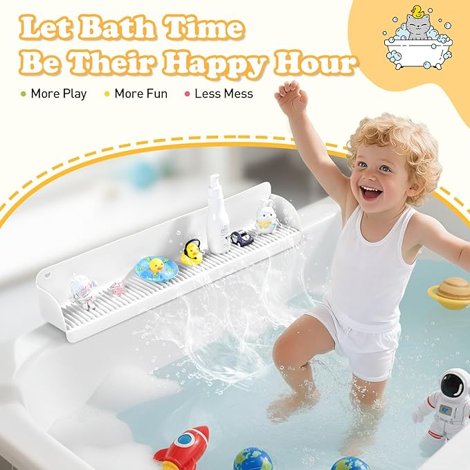 AGPTEK 24 Inch Bathtub Splash Guard with 10 Suction Cups, Silicone Tub Water Splash Guard for Bathtub, Bath Toy Tray Holder Play Shelf for Kids, Universal for Bathroom, Kitchen Sink (White)