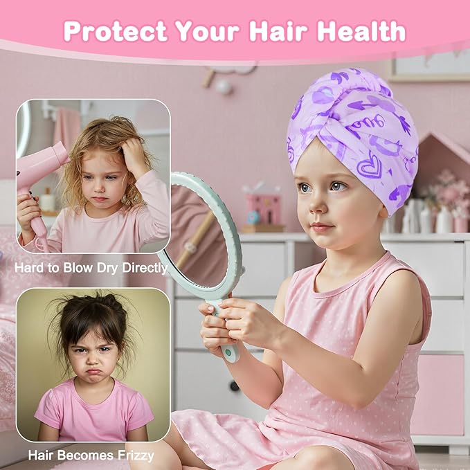 FIOBEE Microfiber Hair Towel Wrap for Kid Rapid Drying Towel Absorbent Hair Turbans for Wet Hair with Button Women Girls Long Curly Hair Pack of 2, Pink/Purple Heart