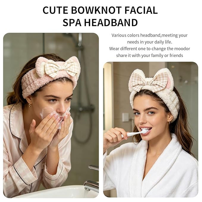PERFECTSIGHT Kawaii Headband for Spa, Makeup, Washing Face, Party - 2 Pack Cute Cat Ear Hair Band for Shower Beauty Skincare, Soft Facial Headbands for Girls and Women (White+Pink Bow)