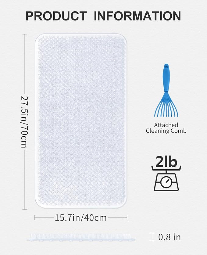 OTHWAY Non Slip Grassy Bathtub Mat : 27.5X15.7 inches Sturdy But Soft Bath Mat_Quick Drain Shower Floor Mat with Soft Bristles for Scrubbing Feet (Clear)