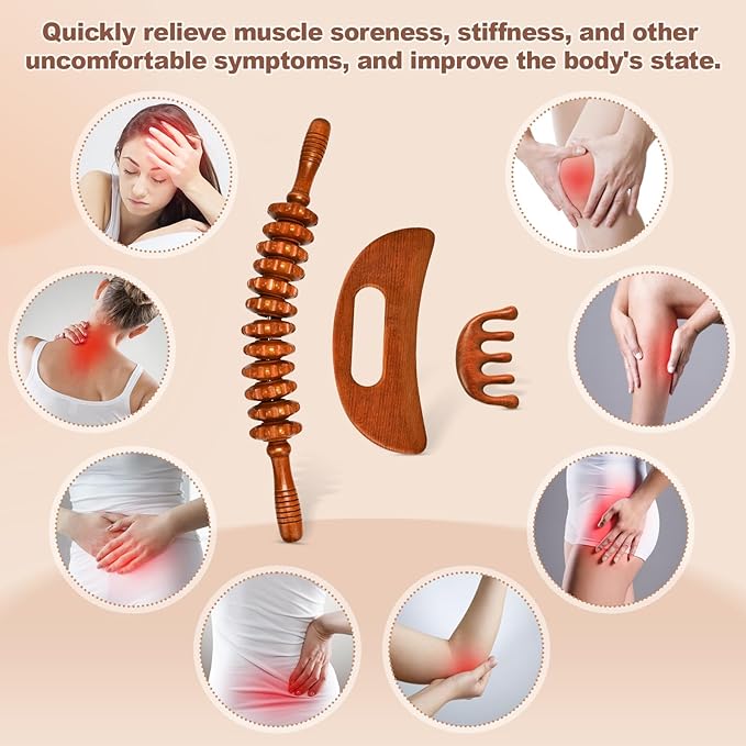 3-in-1 Wood Therapy Massage Tools Wooden Gua Sha Lymphatic Drainage Massager Body Sculpting Tools, Maderoterapia Kit, Anti-Cellulite