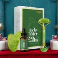 100% Real Crystal Jade Stone Roller and Gua Sha Set with Vitamin C Serum | Great for Eye Puffiness Treatment, Skin Tightening, Anti Aging, Rejuvenate Face & Neck | Great Gift for Women & Men (Green)