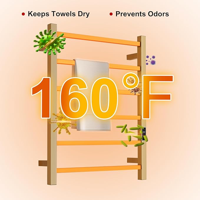 Heated Towel Racks for Bathroom, Wall Mounted Electric Towel Warmer Racks with Timer & Temperature Control, Stainless Steel Towel Heater for Bathroom (Square-Brushed Gold 6 Bars)
