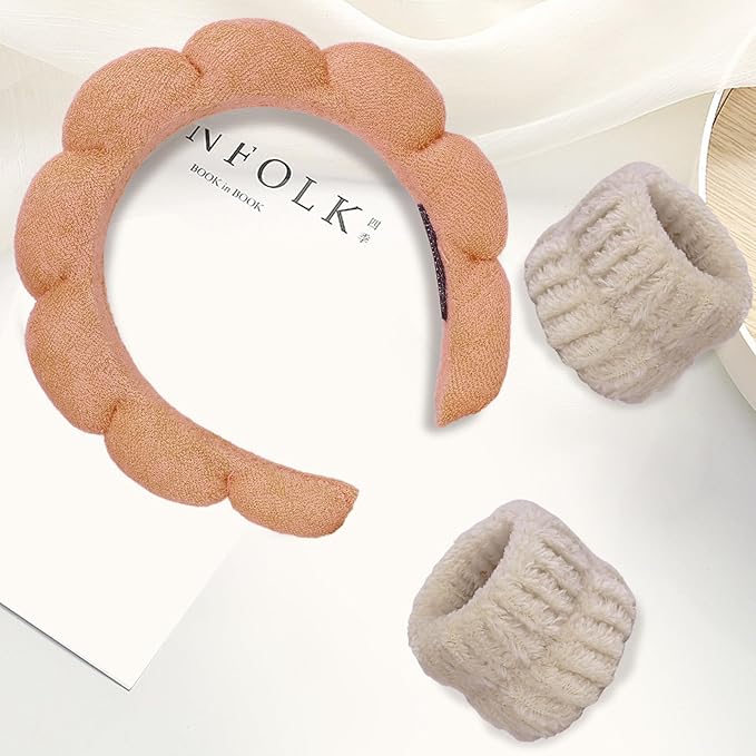 Beleki Spa Headband for Washing Face Wristband Set Sponge Headband Makeup Skincare Face Washing Headband Terry Cloth Bubble Puffy Hairband Non Slip Headwear Hair Accessory for Women - Orange