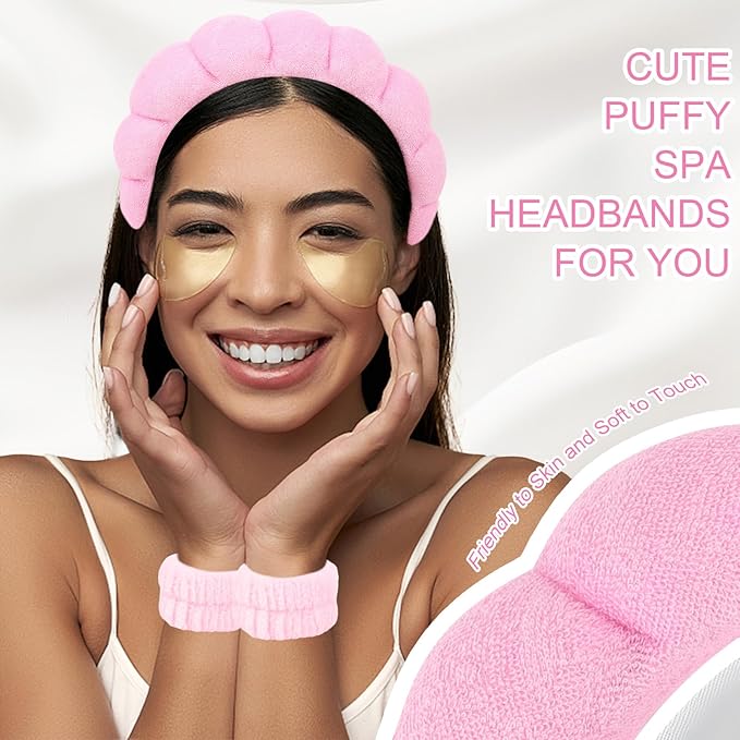 6Pcs Pink Spa Headband and Wrist Washband Set, Skincare Makeup Headband, Sponge Face Wash Terry Cloth Puffy Hair Band for Washing Face