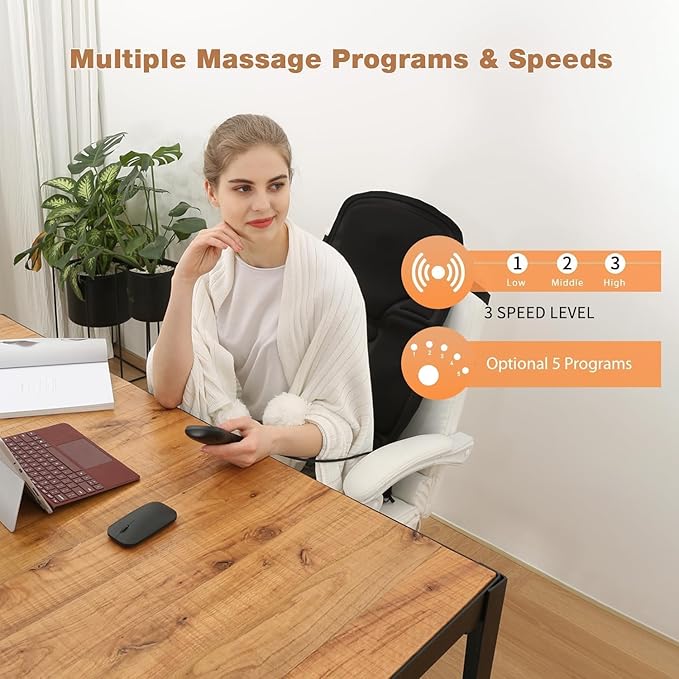 SLOTHMORE Vibration Back Massager for Chair with Heat, Multi-Zone Massage Seat Cushion, Full Back & Seat Coverage, Adjustable Modes, Comfortable Pad for Office & Home