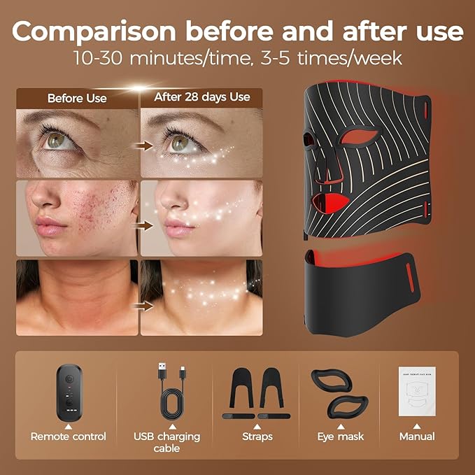 ONLUKY Red Light Therapy for Face,LED Face Mask Light Therapy with Neck Device,103 3-in-1 Light Beads,Remoter Rechargeable,Timing Function,Infrared Red Light Therapy Mask for Home (Maroon)
