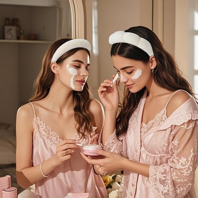 2Pcs Spa Headband for Washing Face & 1 Pair Wristband Set - Sponge Makeup Skincare Headband, Terry Cloth Bubble Soft Hairband, Puffy Padded Non-Slip Thick Hair Accessory for Women & Girls (Beige)
