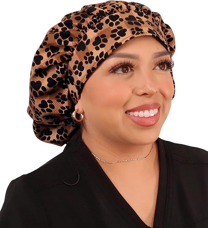 Sparkling EARTH Banded Bouffant Surgical Scrub Ponytail Working Caps and Built-in Sweatband - 100% Cotton - Made in The USA