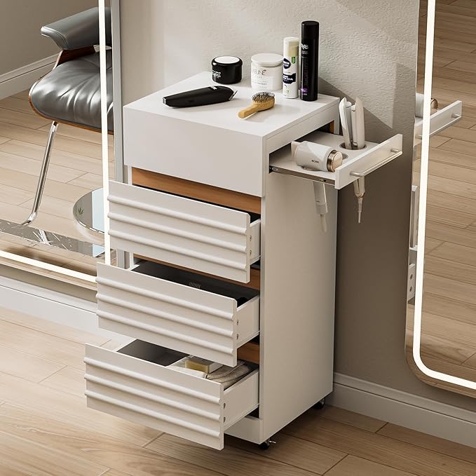 Salon Trolley Cart with Lockable Wheels, Rolling Hair Cart with 3 Dryer Holders for Hair Stylist, Wall Mount Makeup Organizer Stations Cabinet for Beauty Spa Barbershop Tattoo(White)
