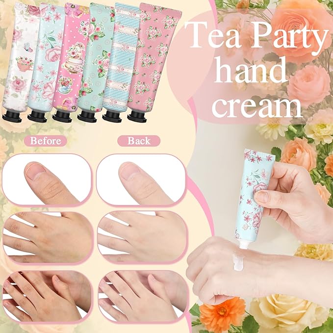 Tea Party Hand Cream Gift Set Wonderland Floral Tea Party Favor Flower Moisturizing Hand Lotion Bulk Dry Cracked Care Cream Teapot Favor Boxes Treat Gift Goodie for Baby Shower, 20 ml(24 Pcs)